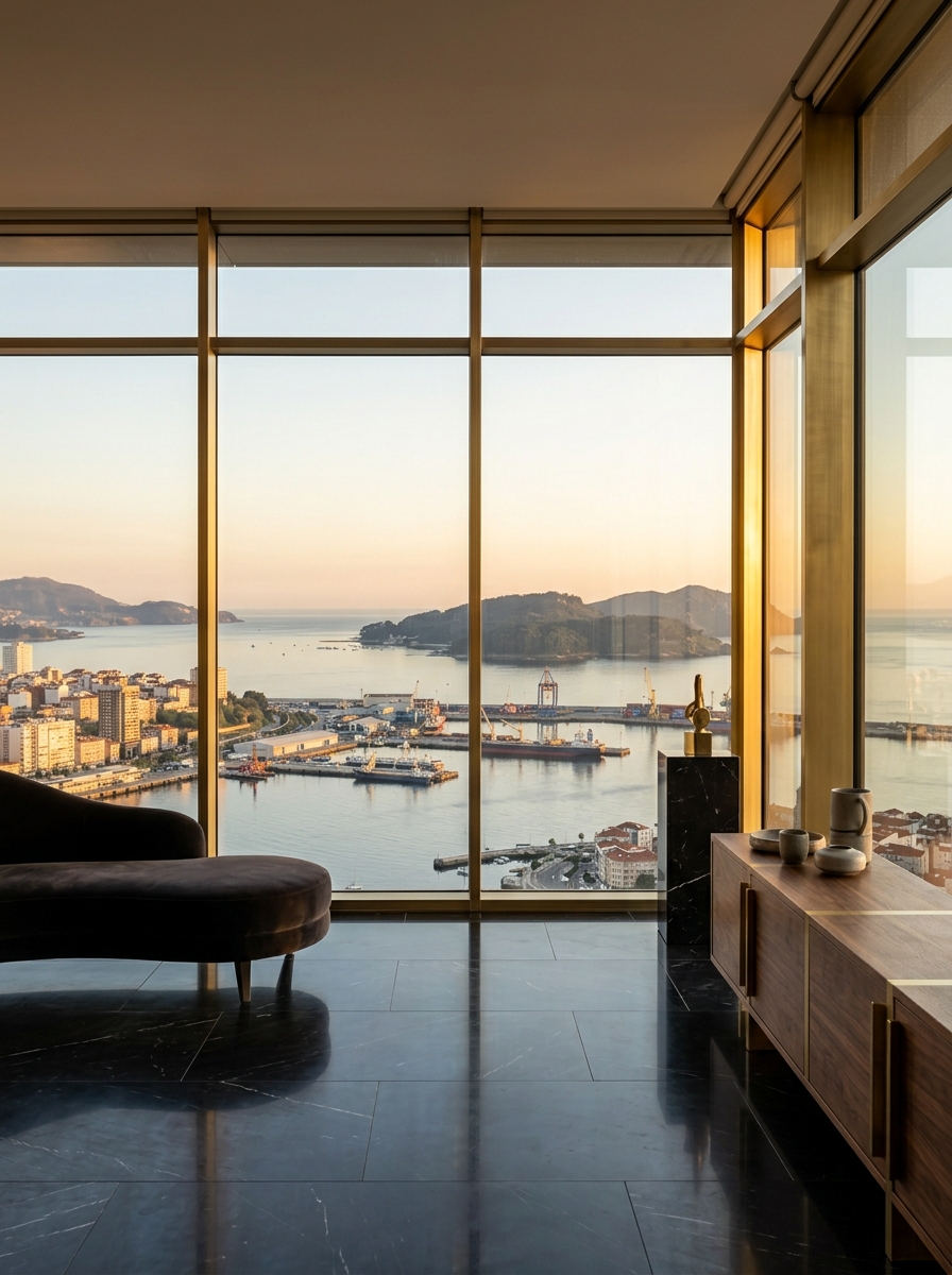 Interior de lujo con vistas a la ría de Vigo al atardecer
