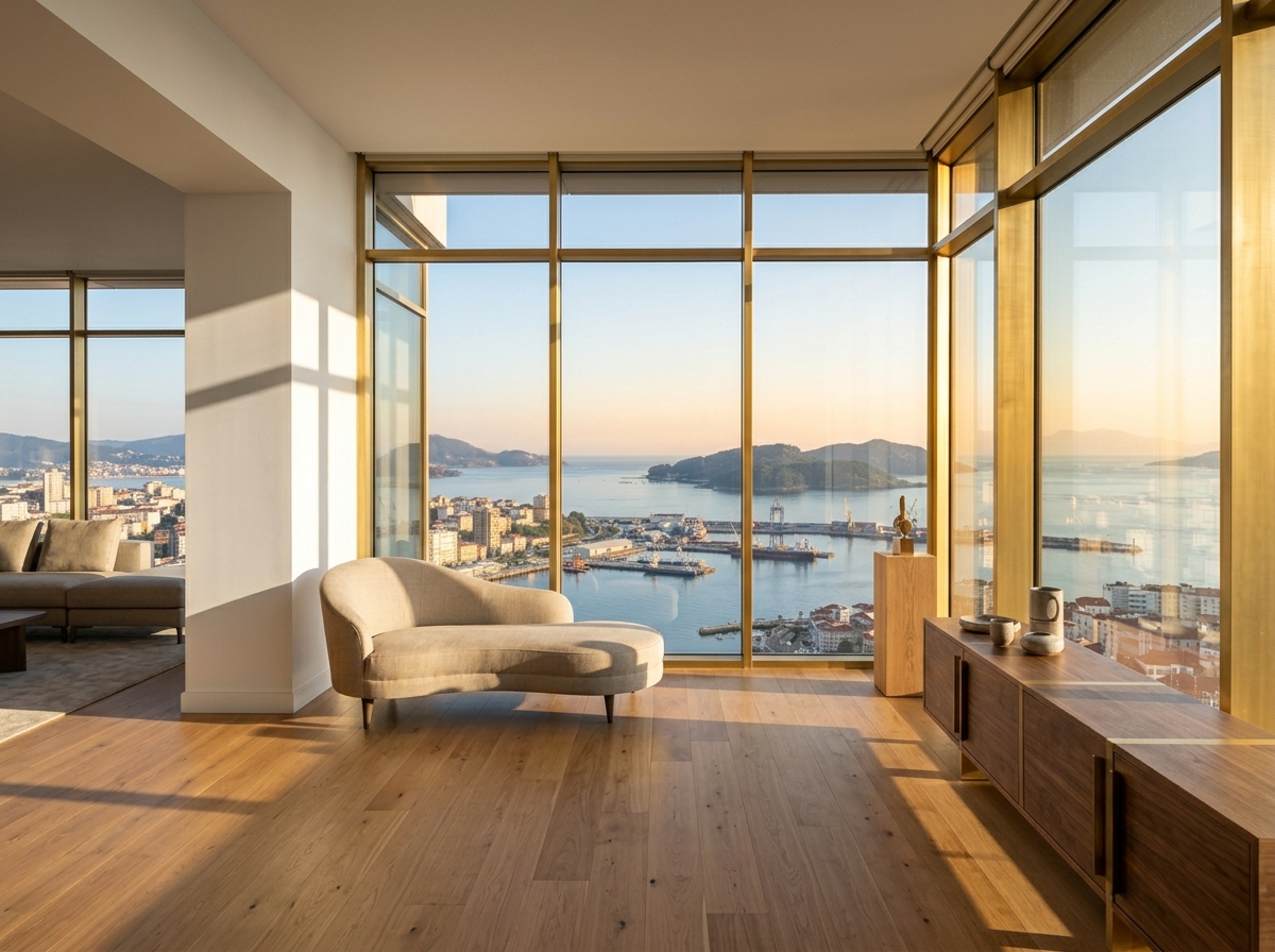 Salón de diseño con vistas panorámicas a la ría de Vigo, suelo de madera y luz natural